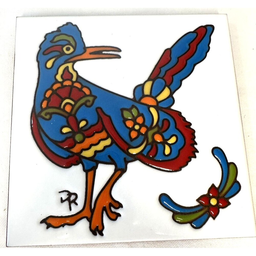 Hand N Hand  6" Square Ceramic Art Tile Hand Glazed Roadrunner Lead Free USA